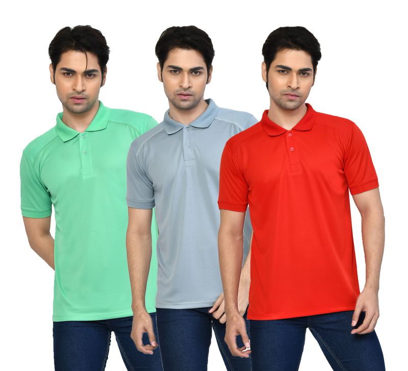 Men's Casual Regular Fit Solid Tshirts combo I Collared Neck I Half Sleeve Polo T-shirts  - Light Green, Light Grey & Berry Red