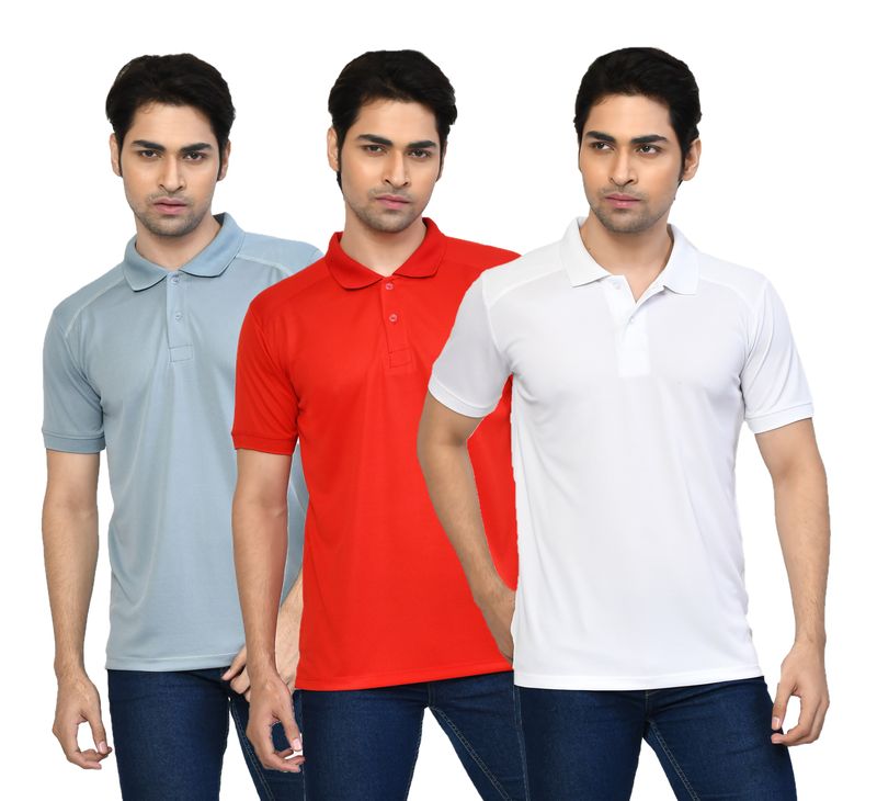 Men's Casual Regular Fit Solid Tshirts combo I Collared Neck I Half Sleeve Polo T-shirts  - Light Grey, Berry Red & White