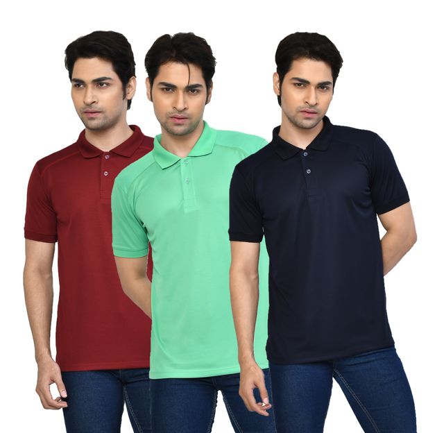 Men's Casual Regular Fit Solid Tshirts combo I Collared Neck I Half Sleeve Polo T-shirts  - Maroon, Light Green & Navy Blue