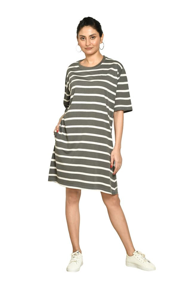 RAPL Women's Casual Regular Fit Round Neck Cotton A-Line Dress with Striped Pattern & Short Sleeve I Western Style in Every Stitch - Multicolour