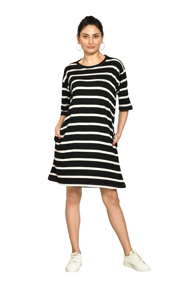 RAPL Women's Casual Regular Fit Round Neck Cotton A-Line Dress with Striped Pattern & Short Sleeve I Western Style in Every Stitch - Multicolour