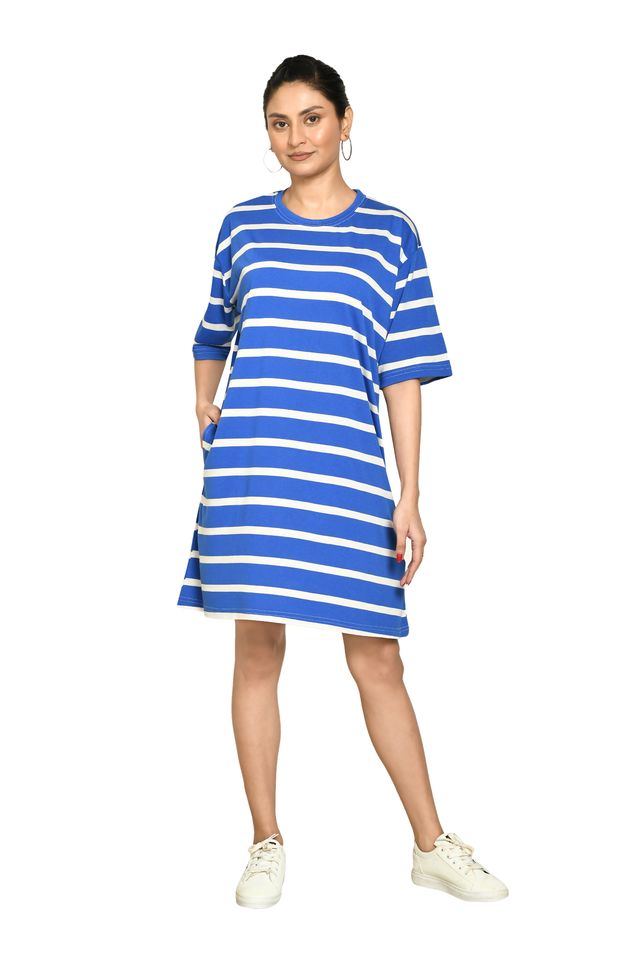 RAPL Women's Casual Regular Fit Round Neck Cotton A-Line Dress with Striped Pattern & Short Sleeve I Western Style in Every Stitch - Multicolour