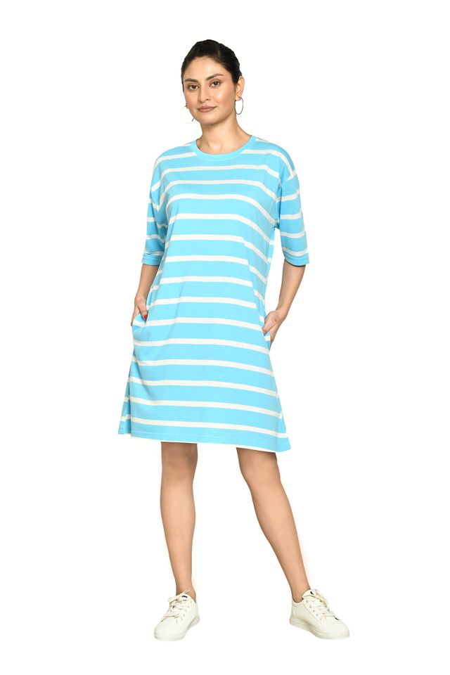 RAPL Women's Casual Regular Fit Round Neck Cotton A-Line Dress with Striped Pattern & Short Sleeve I Western Style in Every Stitch - Multicolour