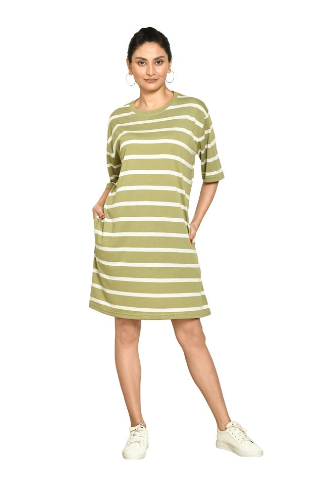 RAPL Women's Casual Regular Fit Round Neck Cotton A-Line Dress with Striped Pattern & Short Sleeve I Western Style in Every Stitch - Multicolour