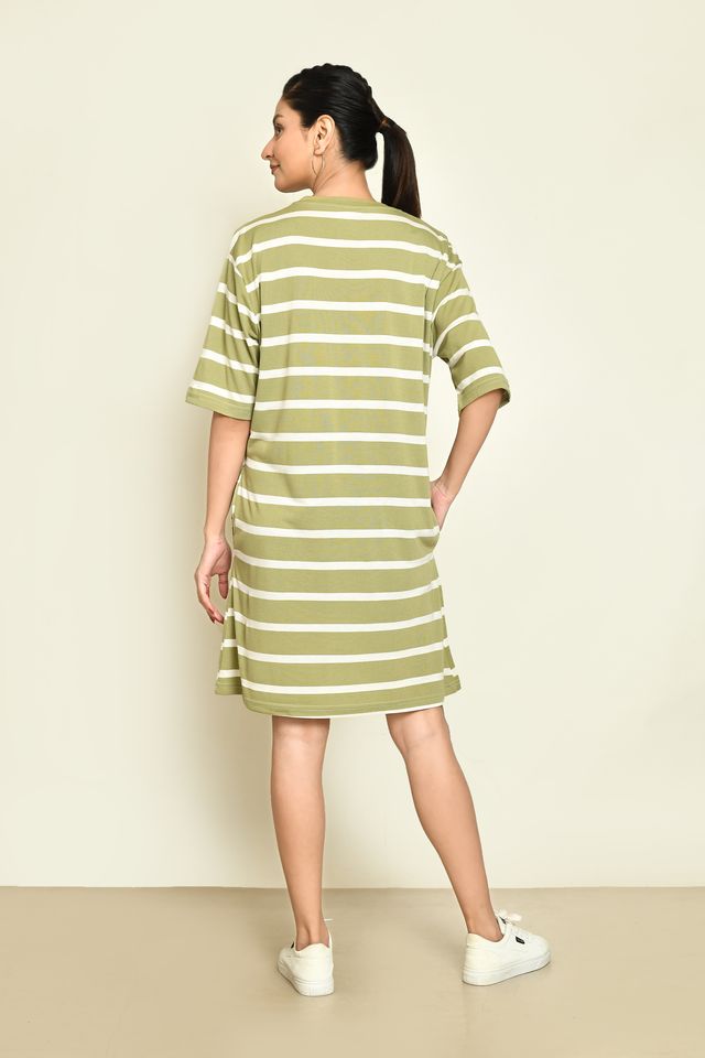 RAPL Women's Casual Regular Fit Round Neck Cotton A-Line Dress with Striped Pattern & Short Sleeve I Western Style in Every Stitch - Multicolour