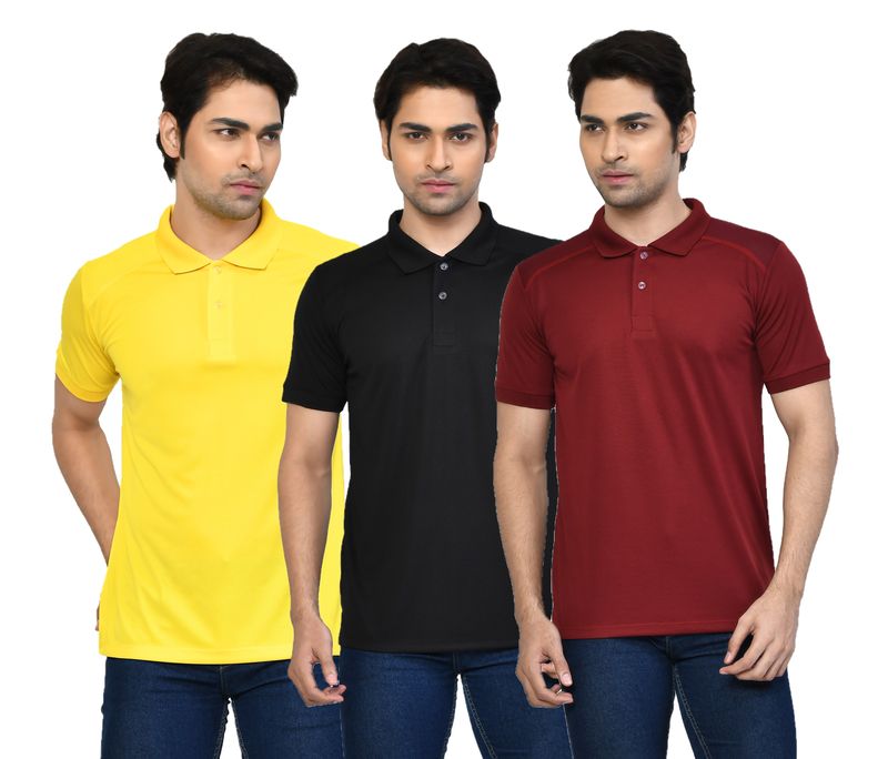 Men's Casual Regular Fit Solid Tshirts combo I Collared Neck I Half Sleeve Polo T-shirts  - Black, Yellow & Maroon