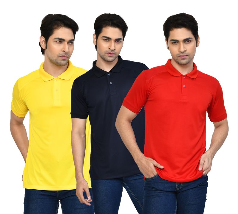 Men's Casual Regular Fit Solid Tshirts combo I Collared Neck I Half Sleeve Polo T-shirts  - Yellow, Navy Blue & Red