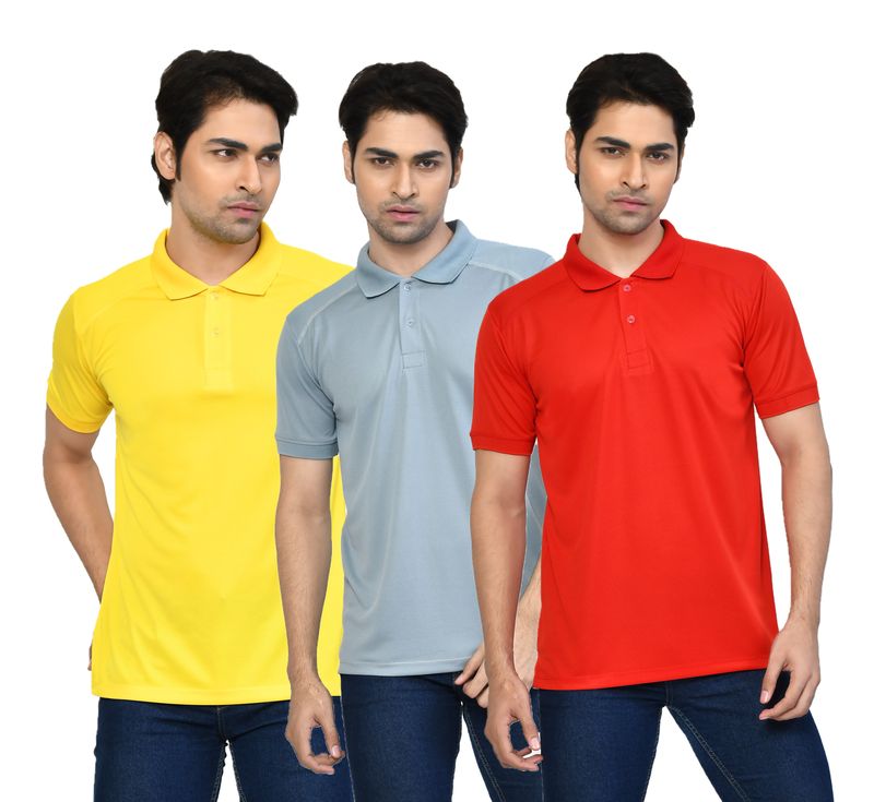 Men's Casual Regular Fit Solid Tshirts combo I Collared Neck I Half Sleeve Polo T-shirts  - Yellow, Light Grey & Berry Red