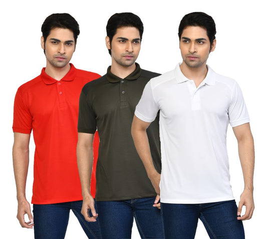Men's Casual Regular Fit Solid Tshirts combo I Collared Neck I Half Sleeve Polo T-shirts  - Berry Red, Algae green & White