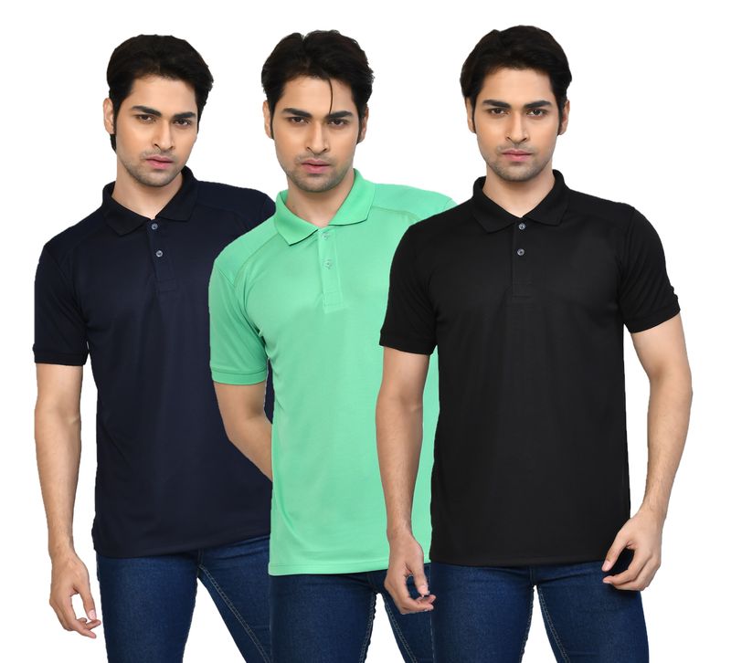 Men's Casual Regular Fit Solid Tshirts combo I Collared Neck I Half Sleeve Polo T-shirts  - Black, Light Green & Navy Blue