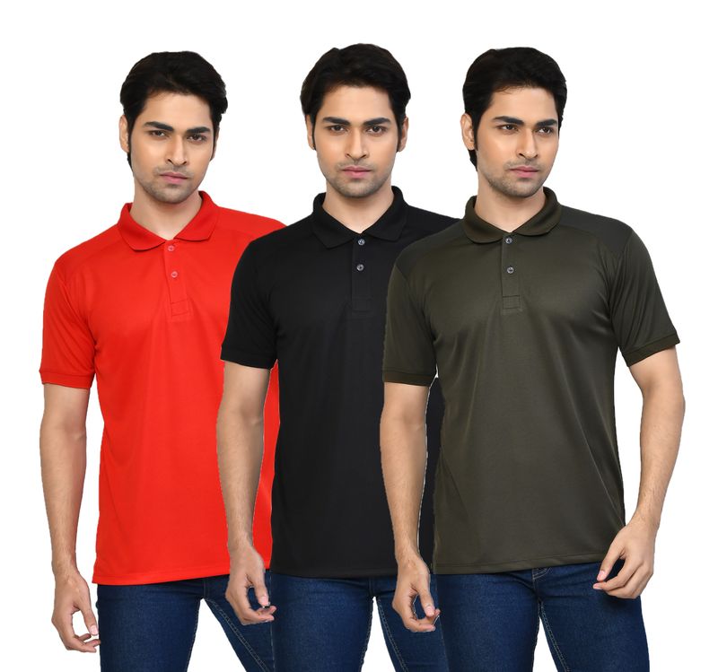 Men's Casual Regular Fit Solid Tshirts combo I Collared Neck I Half Sleeve Polo T-shirts  - Black, Berry Red & Algae green