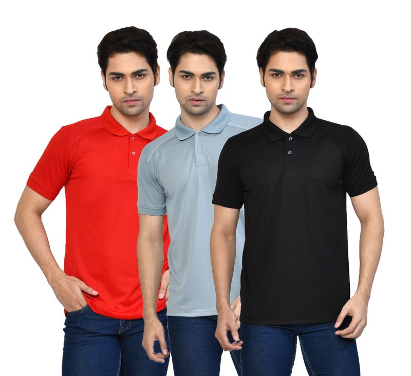 Men's Casual Regular Fit Solid Tshirts combo I Collared Neck I Half Sleeve Polo T-shirts  - Black, Red & Light Grey