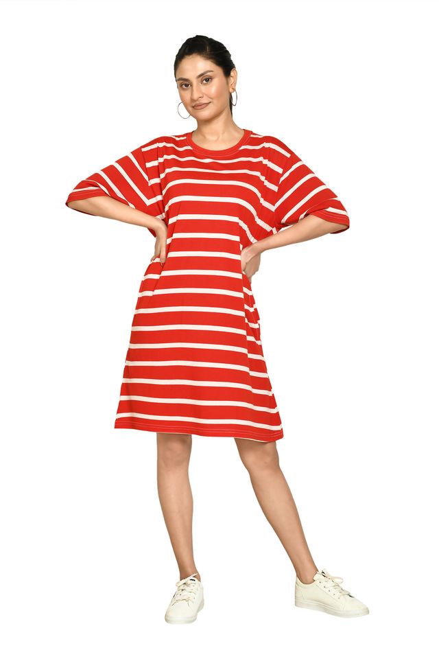 RAPL Women's Casual Regular Fit Round Neck Cotton A-Line Dress with Striped Pattern & Short Sleeve I Western Style in Every Stitch - Multicolour