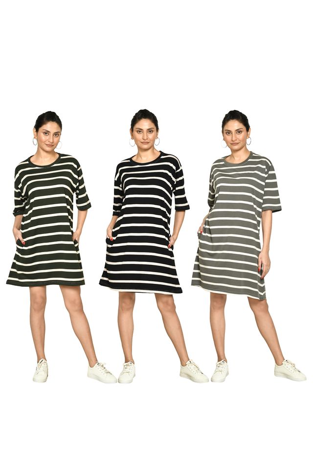 RAPL BHARAT Presents Women's Casual Regular Fit Round Neck Cotton A-Line Dress with Striped Pattern & Short Sleeve I Western Style in Every Stitch - Multicolour ( Pack Of 3)