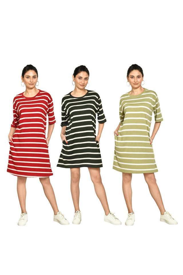 RAPL BHARAT Presents Women's Casual Regular Fit Round Neck Cotton A-Line Dress with Striped Pattern & Short Sleeve I Western Style in Every Stitch - Multicolour ( Pack Of 3)