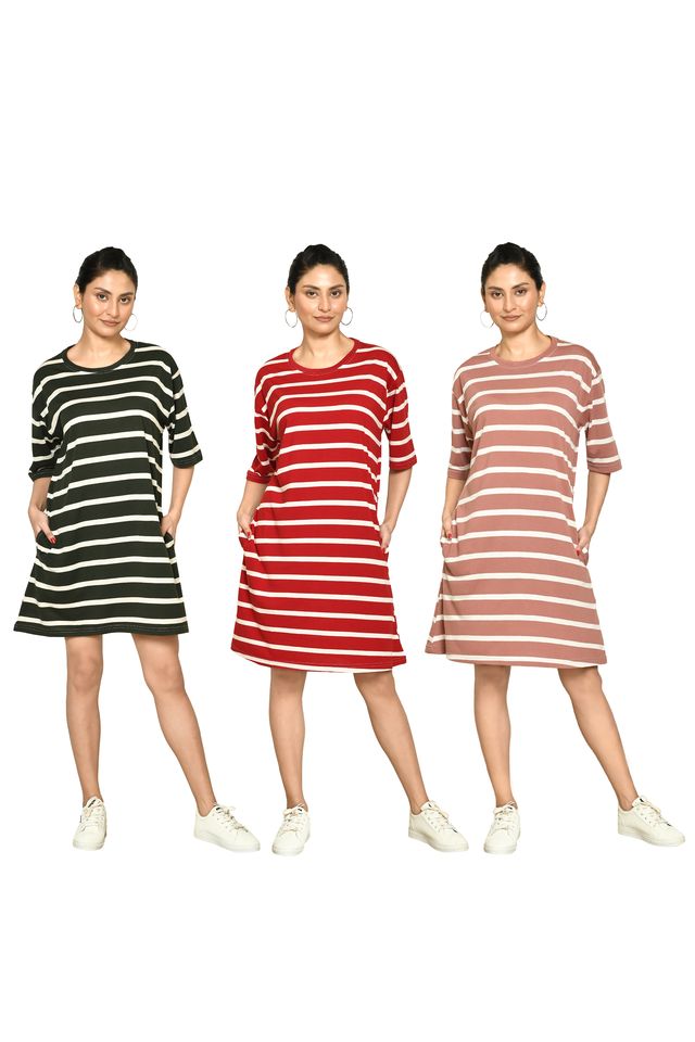 RAPL BHARAT Presents Women's Casual Regular Fit Round Neck Cotton A-Line Dress with Striped Pattern & Short Sleeve I Western Style in Every Stitch - Multicolour ( Pack Of 3)