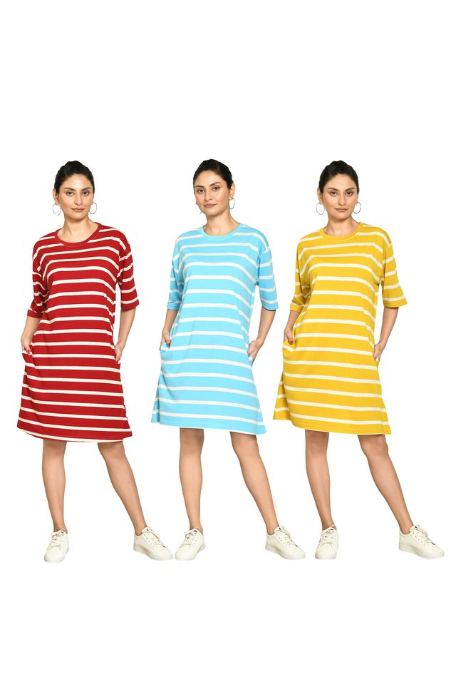 RAPL BHARAT Presents Women's Casual Regular Fit Round Neck Cotton A-Line Dress with Striped Pattern & Short Sleeve I Western Style in Every Stitch - Multicolour ( Pack Of 3)