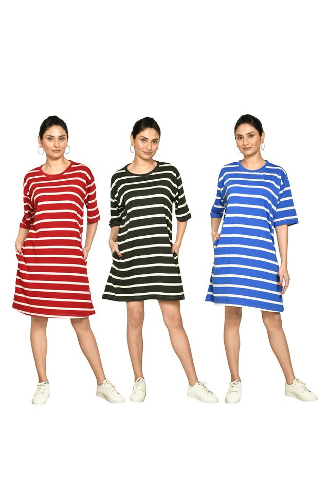 RAPL BHARAT Presents Women's Casual Regular Fit Round Neck Cotton A-Line Dress with Striped Pattern & Short Sleeve I Western Style in Every Stitch - Multicolour ( Pack Of 3)