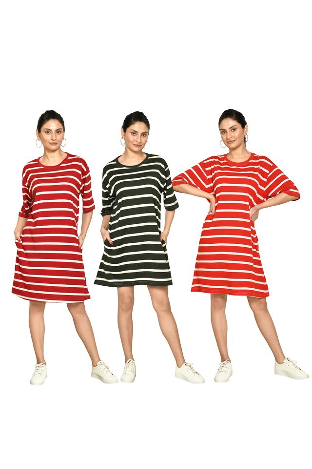 RAPL BHARAT Presents Women's Casual Regular Fit Round Neck Cotton A-Line Dress with Striped Pattern & Short Sleeve I Western Style in Every Stitch - Multicolour ( Pack Of 3)