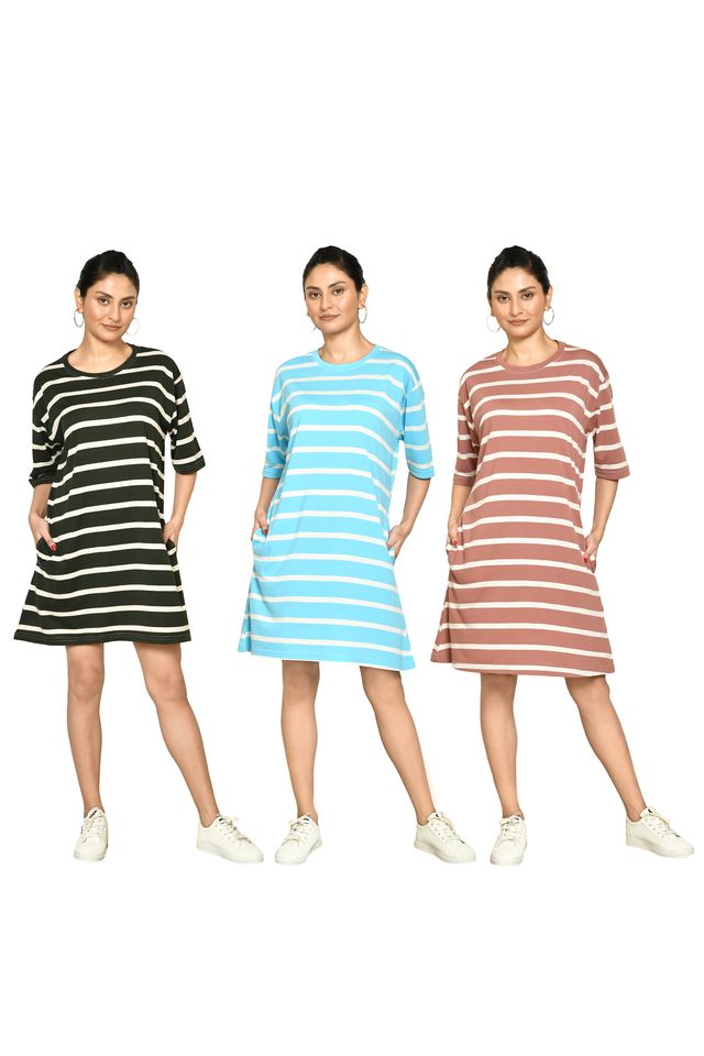 RAPL BHARAT Presents Women's Casual Regular Fit Round Neck Cotton A-Line Dress with Striped Pattern & Short Sleeve I Western Style in Every Stitch - Multicolour ( Pack Of 3)