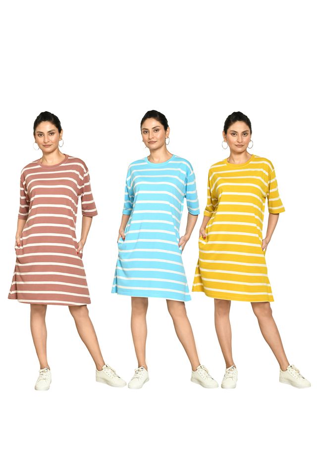 RAPL BHARAT Presents Women's Casual Regular Fit Round Neck Cotton A-Line Dress with Striped Pattern & Short Sleeve I Western Style in Every Stitch - Multicolour ( Pack Of 3)