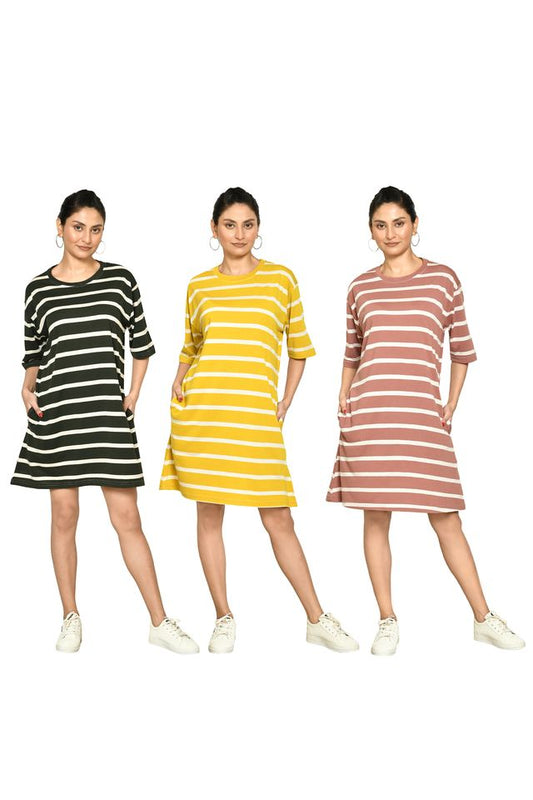 RAPL BHARAT Presents Women's Casual Regular Fit Round Neck Cotton A-Line Dress with Striped Pattern & Short Sleeve I Western Style in Every Stitch - Multicolour ( Pack Of 3)