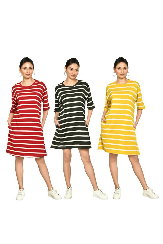 RAPL BHARAT Presents Women's Casual Regular Fit Round Neck Cotton A-Line Dress with Striped Pattern & Short Sleeve I Western Style in Every Stitch - Multicolour ( Pack Of 3)