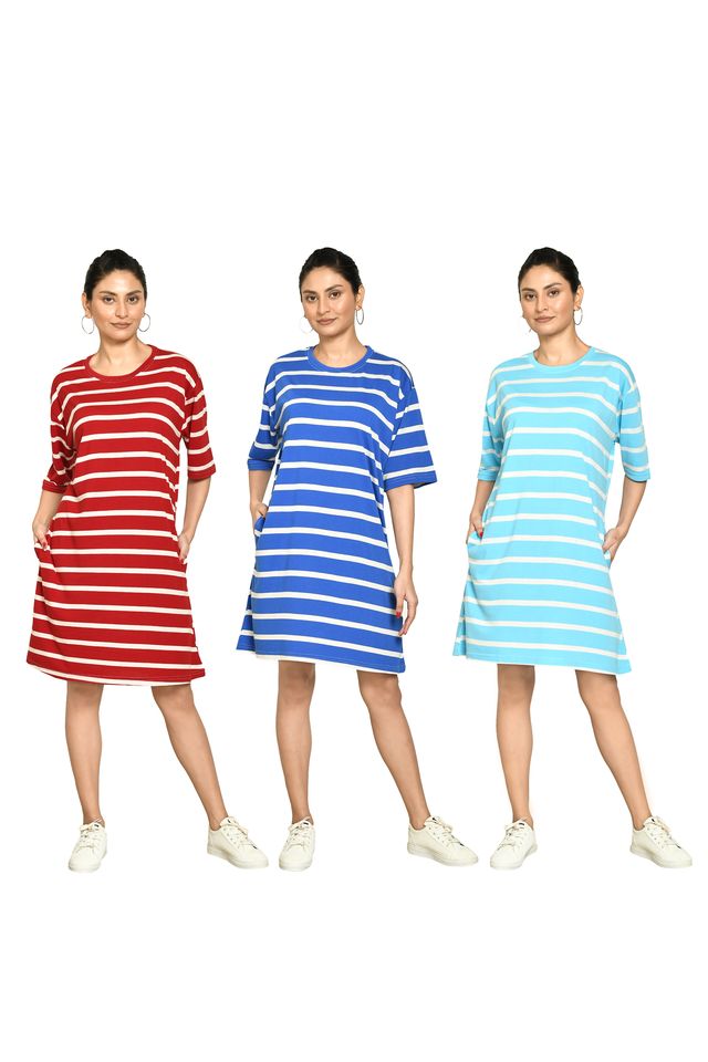 RAPL BHARAT Presents Women's Casual Regular Fit Round Neck Cotton A-Line Dress with Striped Pattern & Short Sleeve I Western Style in Every Stitch - Multicolour ( Pack Of 3)