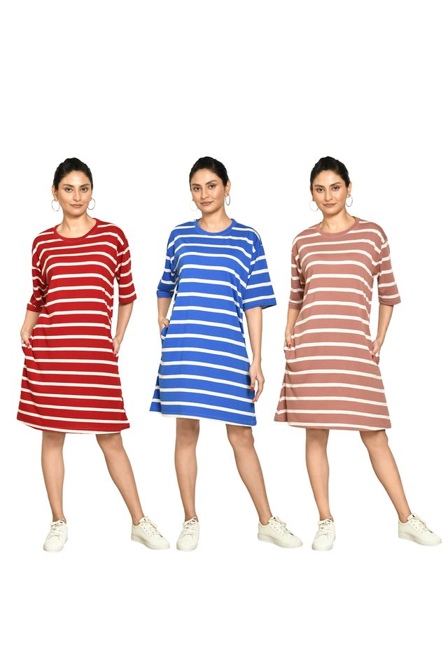 RAPL BHARAT Presents Women's Casual Regular Fit Round Neck Cotton A-Line Dress with Striped Pattern & Short Sleeve I Western Style in Every Stitch - Multicolour ( Pack Of 3)