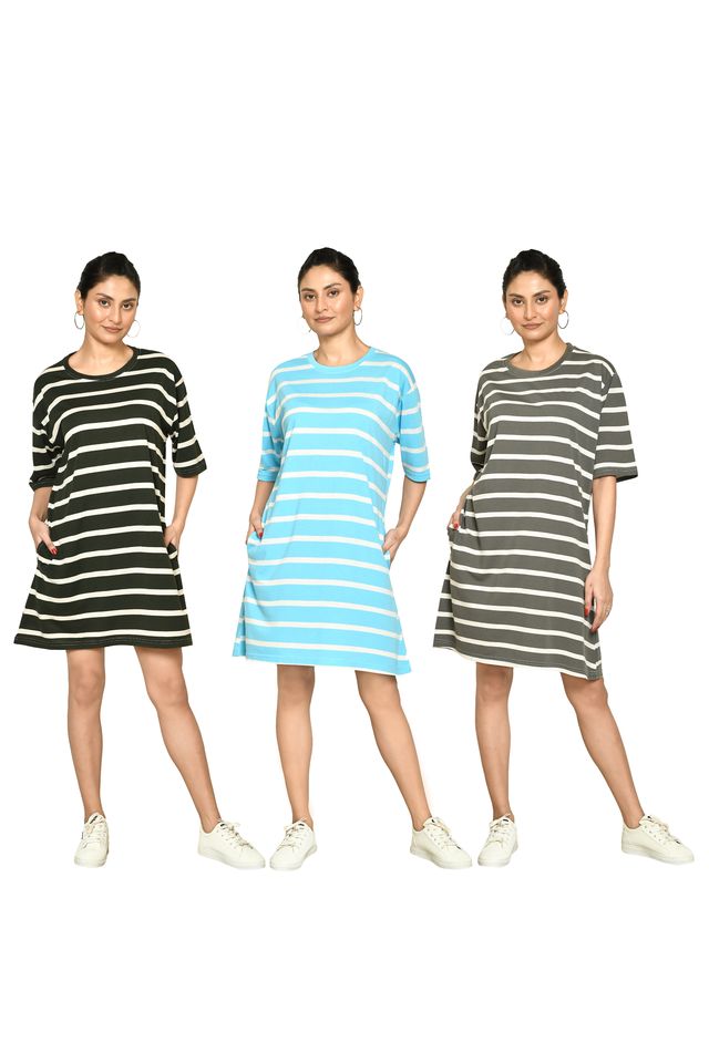 RAPL BHARAT Presents Women's Casual Regular Fit Round Neck Cotton A-Line Dress with Striped Pattern & Short Sleeve I Western Style in Every Stitch - Multicolour ( Pack Of 3)