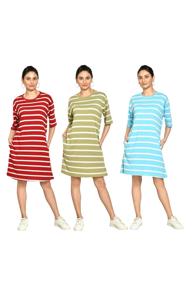 RAPL BHARAT Presents Women's Casual Regular Fit Round Neck Cotton A-Line Dress with Striped Pattern & Short Sleeve I Western Style in Every Stitch - Multicolour ( Pack Of 3)