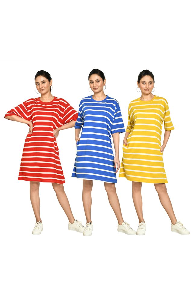 RAPL BHARAT Presents Women's Casual Regular Fit Round Neck Cotton A-Line Dress with Striped Pattern & Short Sleeve I Western Style in Every Stitch - Multicolour ( Pack Of 3)