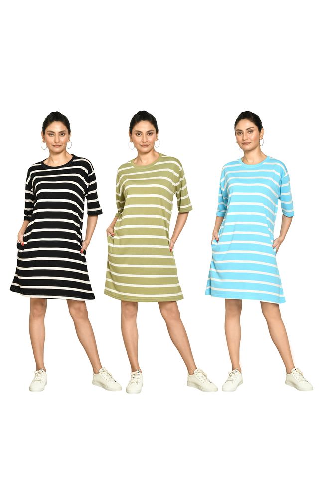 RAPL BHARAT Presents Women's Casual Regular Fit Round Neck Cotton A-Line Dress with Striped Pattern & Short Sleeve I Western Style in Every Stitch - Multicolour ( Pack Of 3)