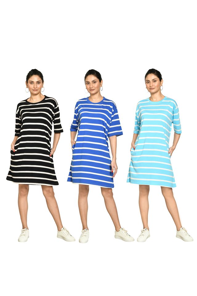 RAPL BHARAT Presents Women's Casual Regular Fit Round Neck Cotton A-Line Dress with Striped Pattern & Short Sleeve I Western Style in Every Stitch - Multicolour ( Pack Of 3)