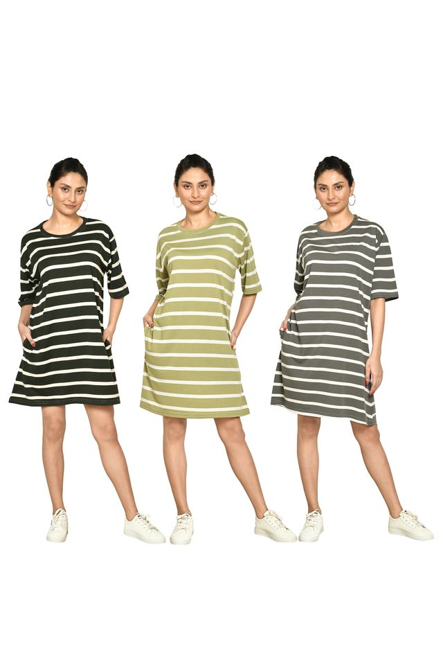 RAPL BHARAT Presents Women's Casual Regular Fit Round Neck Cotton A-Line Dress with Striped Pattern & Short Sleeve I Western Style in Every Stitch - Multicolour ( Pack Of 3)