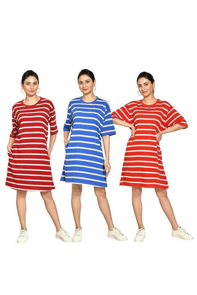 RAPL BHARAT Presents Women's Casual Regular Fit Round Neck Cotton A-Line Dress with Striped Pattern & Short Sleeve I Western Style in Every Stitch - Multicolour ( Pack Of 3)