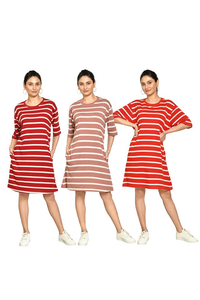 RAPL BHARAT Presents Women's Casual Regular Fit Round Neck Cotton A-Line Dress with Striped Pattern & Short Sleeve I Western Style in Every Stitch - Multicolour ( Pack Of 3)