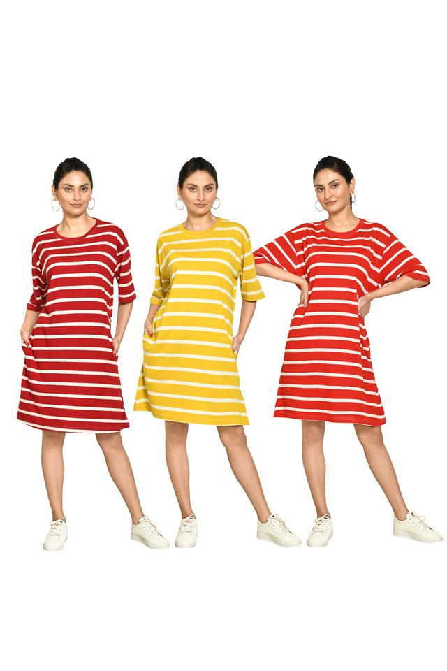 RAPL BHARAT Presents Women's Casual Regular Fit Round Neck Cotton A-Line Dress with Striped Pattern & Short Sleeve I Western Style in Every Stitch - Multicolour ( Pack Of 3)