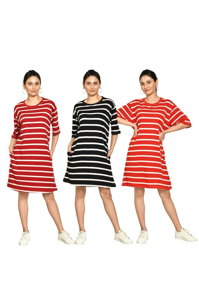 RAPL BHARAT Presents Women's Casual Regular Fit Round Neck Cotton A-Line Dress with Striped Pattern & Short Sleeve I Western Style in Every Stitch - Multicolour ( Pack Of 3)