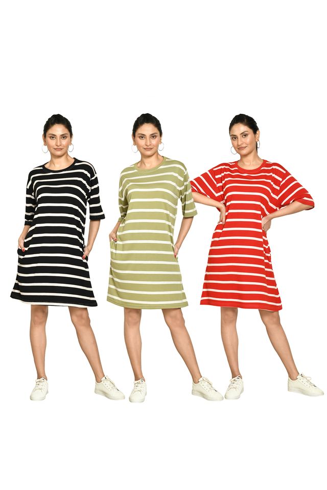 RAPL BHARAT Presents Women's Casual Regular Fit Round Neck Cotton A-Line Dress with Striped Pattern & Short Sleeve I Western Style in Every Stitch - Multicolour ( Pack Of 3)