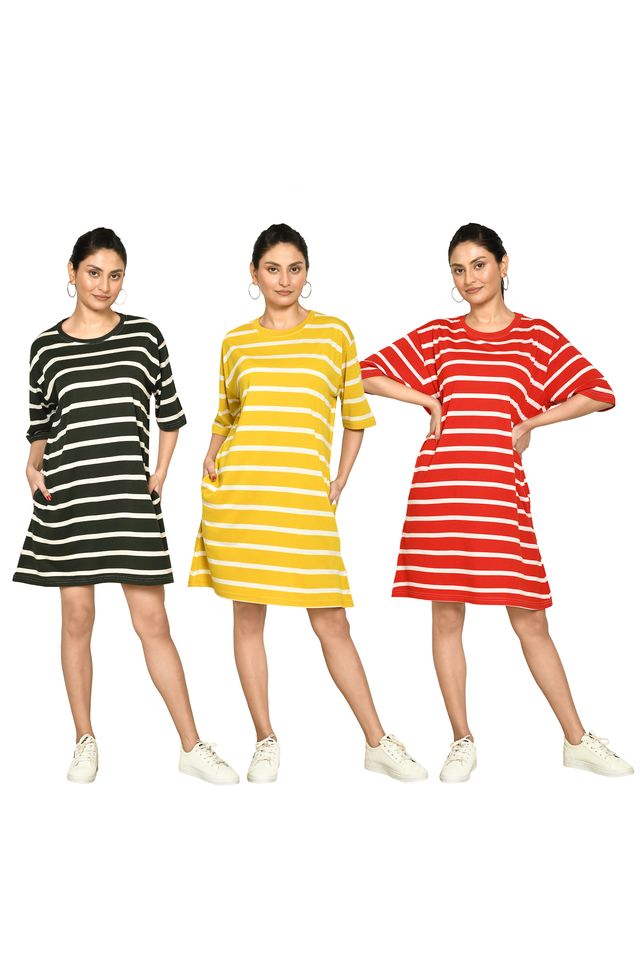 RAPL BHARAT Presents Women's Casual Regular Fit Round Neck Cotton A-Line Dress with Striped Pattern & Short Sleeve I Western Style in Every Stitch - Multicolour ( Pack Of 3)