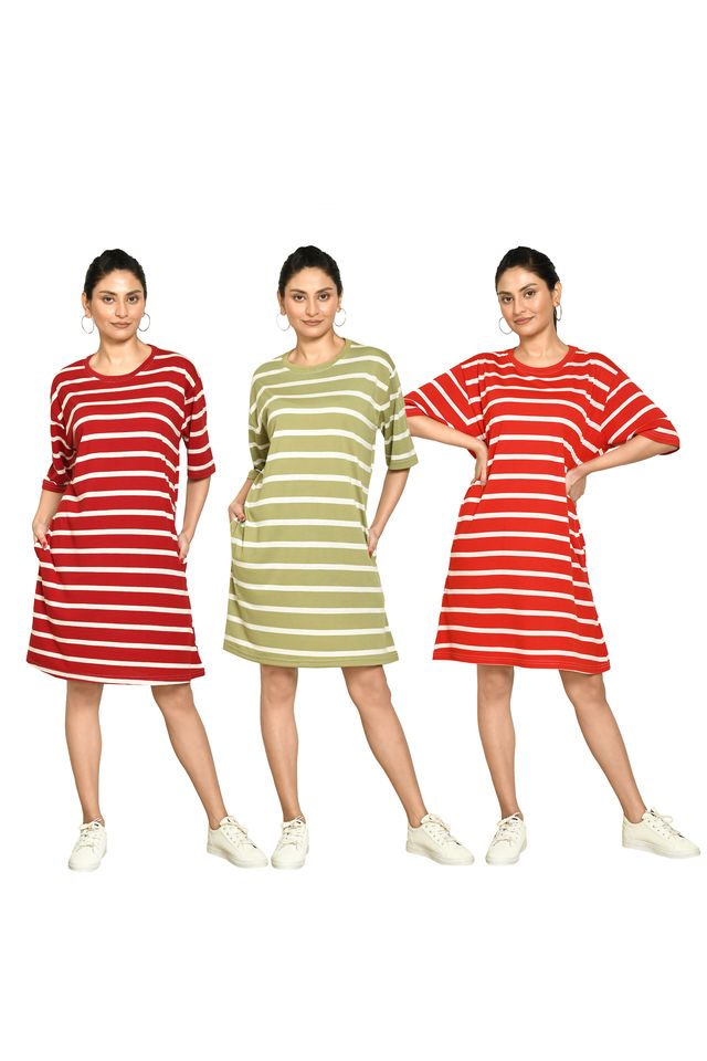 RAPL BHARAT Presents Women's Casual Regular Fit Round Neck Cotton A-Line Dress with Striped Pattern & Short Sleeve I Western Style in Every Stitch - Multicolour ( Pack Of 3)