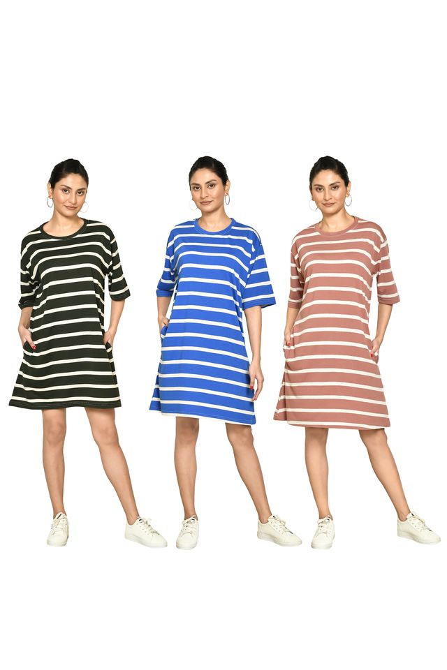 RAPL BHARAT Presents Women's Casual Regular Fit Round Neck Cotton A-Line Dress with Striped Pattern & Short Sleeve I Western Style in Every Stitch - Multicolour ( Pack Of 3)