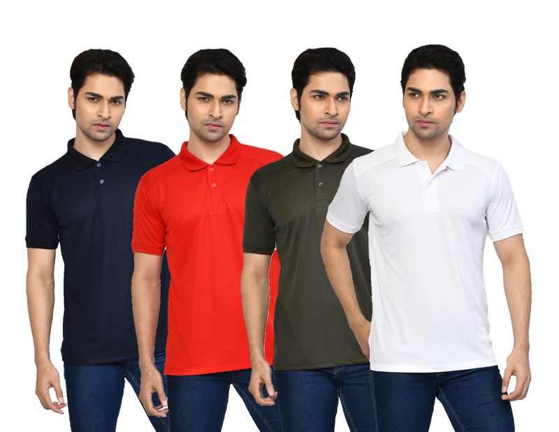 Men's Casual Regular Fit Solid Tshirts combo I Collared Neck I Half Sleeve Polo T-shirts  - Navy Blue, Red, Algae green & White