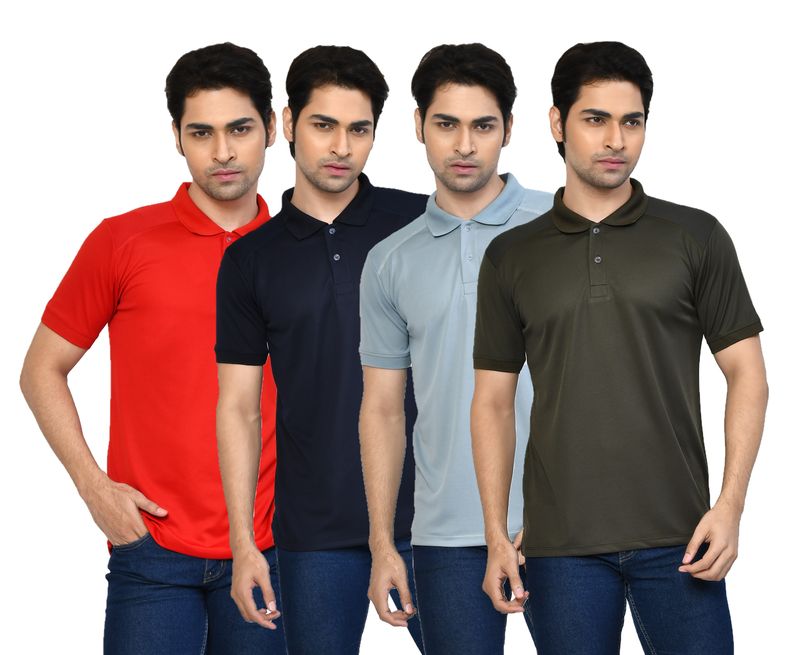 Men's Casual Regular Fit Solid Tshirts combo I Collared Neck I Half Sleeve Polo T-shirts  - Navy Blue, Red, Light Grey & Algae green