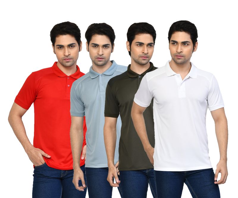 Men's Casual Regular Fit Solid Tshirts combo I Collared Neck I Half Sleeve Polo T-shirts  - Red, Light Grey, Algae green & White