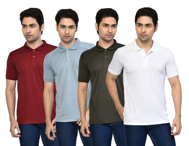 Men's Casual Regular Fit Solid Tshirts combo I Collared Neck I Half Sleeve Polo T-shirts  - Maroon, Light Grey, Algae green & White