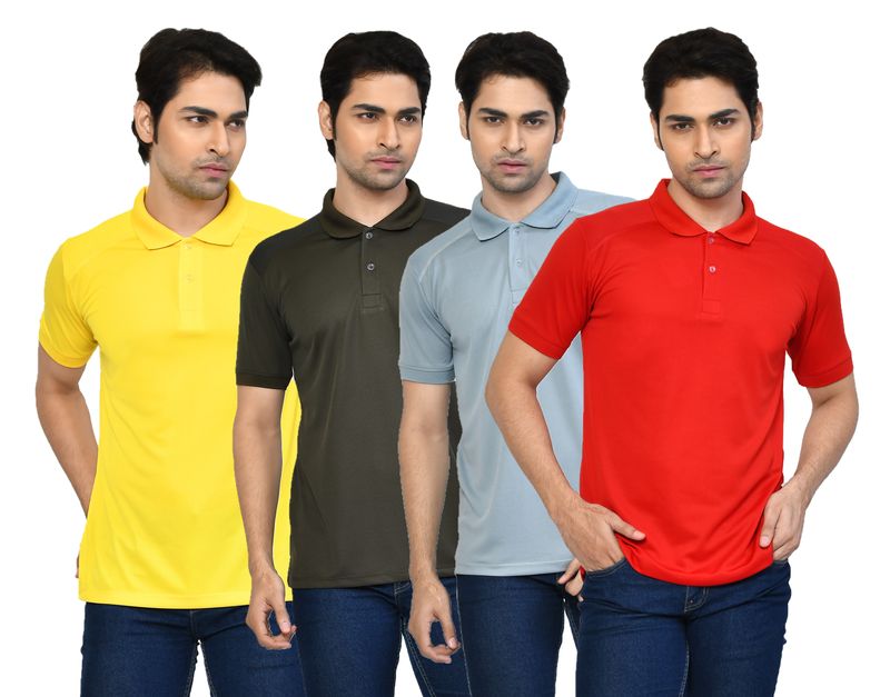 Men's Casual Regular Fit Solid Tshirts combo I Collared Neck I Half Sleeve Polo T-shirts  - Yellow, Red, Light Grey & Algae green