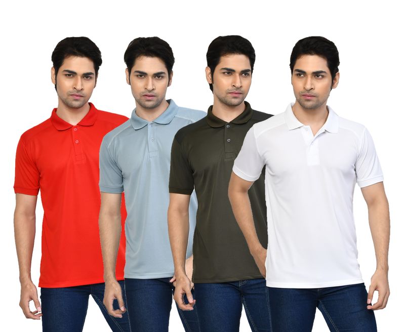 Men's Casual Regular Fit Solid Tshirts combo I Collared Neck I Half Sleeve Polo T-shirts  - Berry Red, Light Grey, Algae green & White