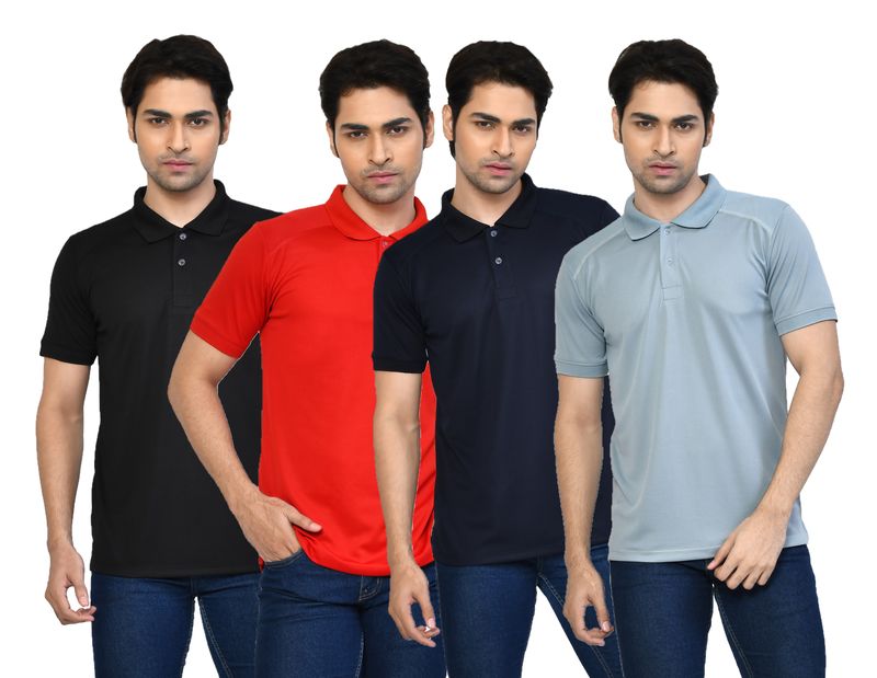 Men's Casual Regular Fit Solid Tshirts combo I Collared Neck I Half Sleeve Polo T-shirts  - Black, Navy Blue, Red & Light Grey